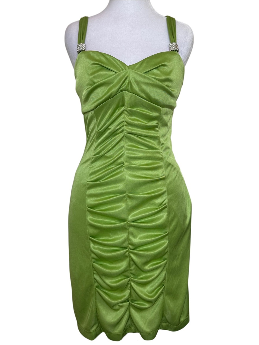 VTG Y2K My Michelle Lime Green Ruched Satin Mini Dress